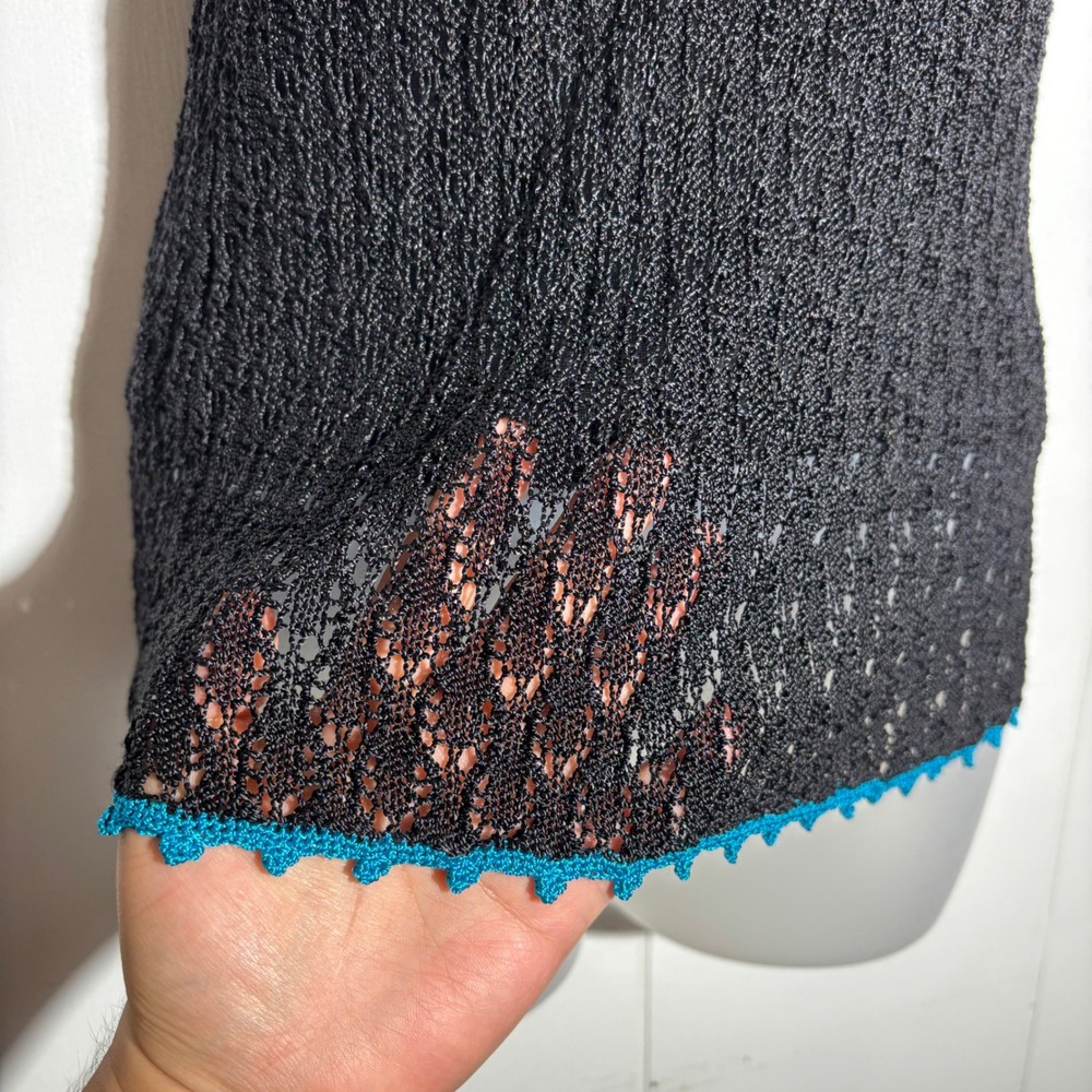 Whimsigoth Black Cyan Blue Trim Crochet Tank‎ Top XL Scoop Festival Boho Indie - Picture 4 of 11